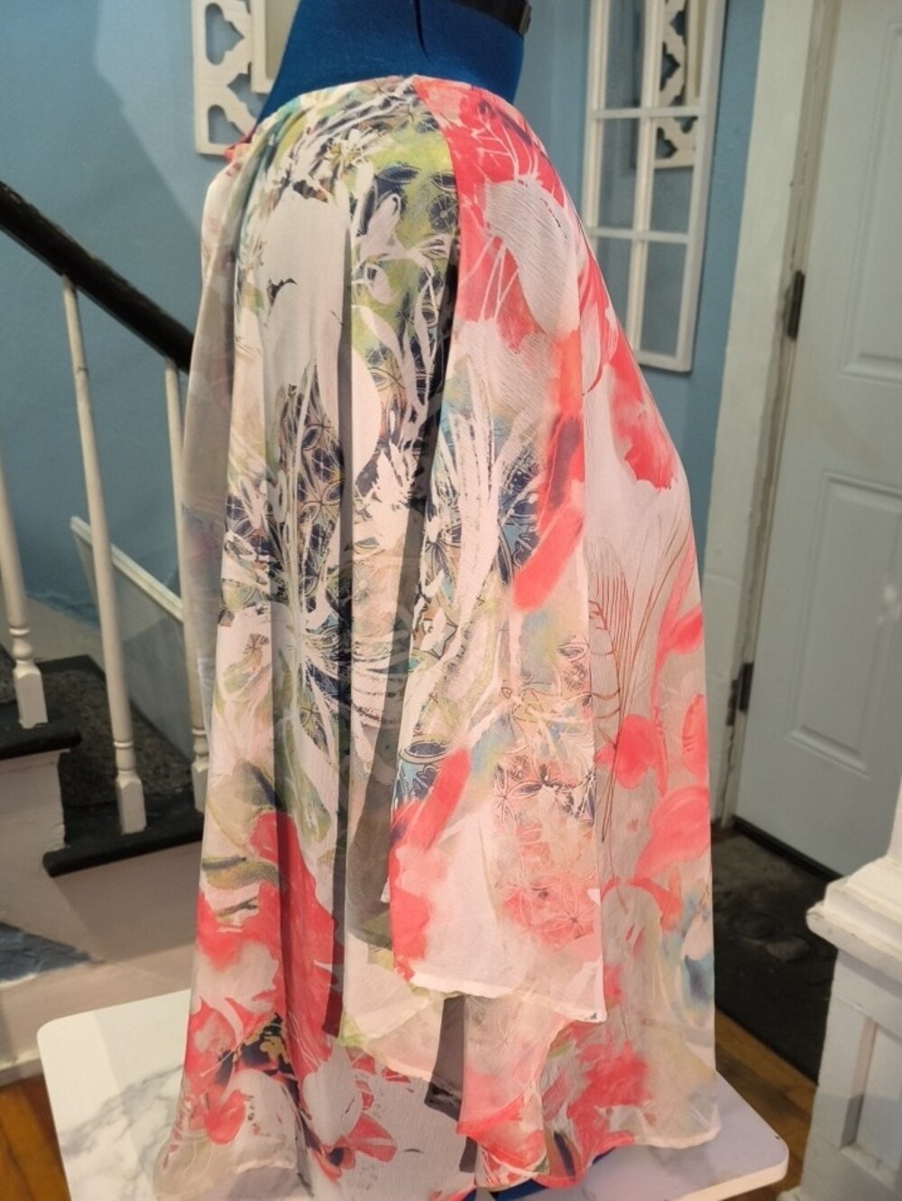 Chico's Watercolor Floral Scoop Neck Tunic - Coral, Green, Blue - Picture 5 of 9
